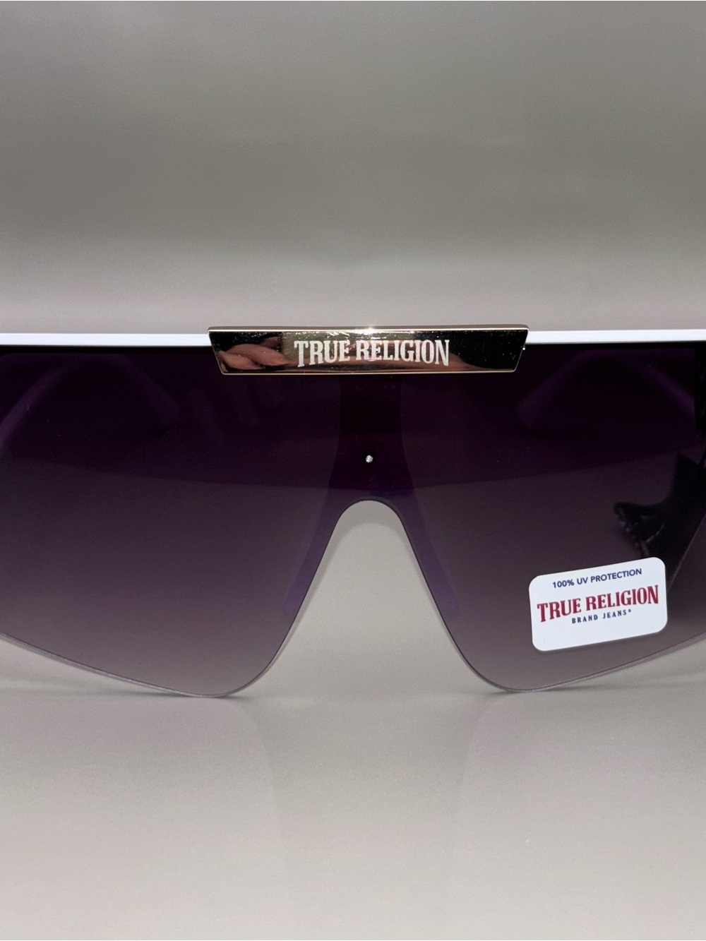 True Religion Oversized Shield Sunglasses White Gold Purple Gradient NWT - Picture 6 of 8